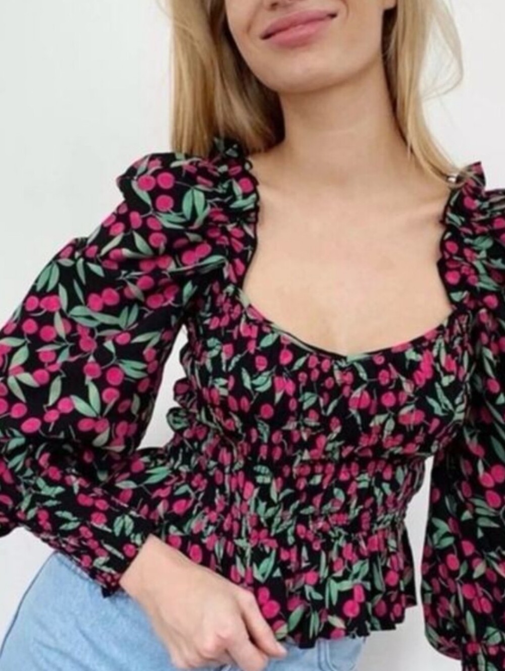 🌼B2G1🌼 Topshop Black Floral Smocked Puff-Sleeve Blouse with Pink Cherry Print